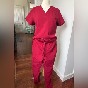 Women's Medical Scrub Top & Joggers - Crimson